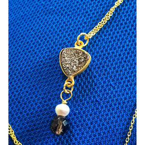 Silver Triangle Necklace-Smoky Quartz Gemstone-Pearl Necklace-Druzy Gemstone Necklace