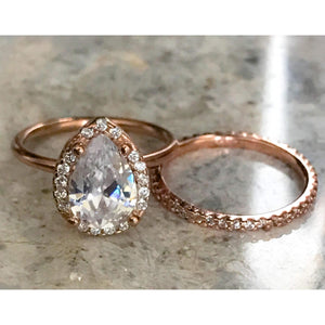 Rose Gold Teardrop Engagement Ring and Eternity Band Set