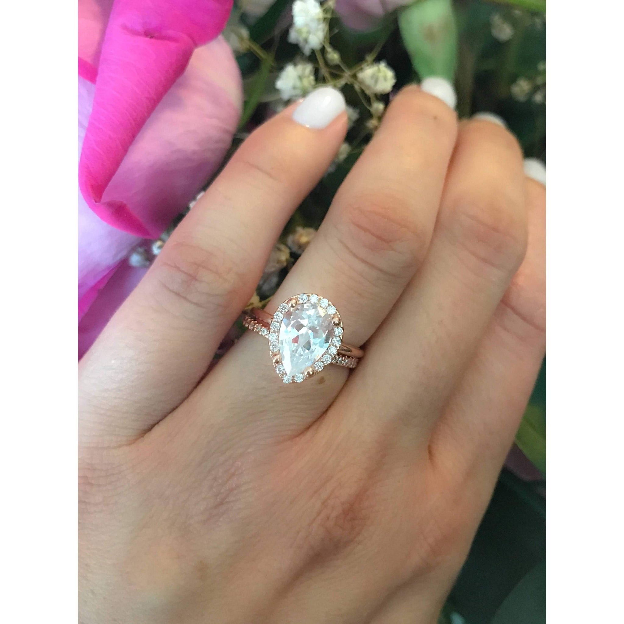 Rose Gold Teardrop Engagement Ring and Eternity Band Set