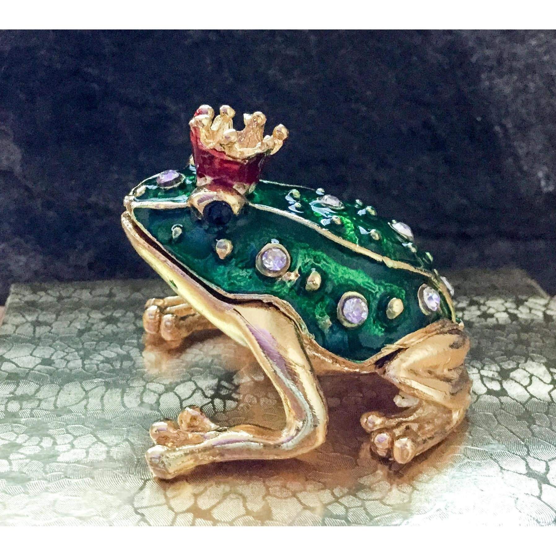 Frog Trinket Jewelry Box, enameled Green Frog box,Frog Prince