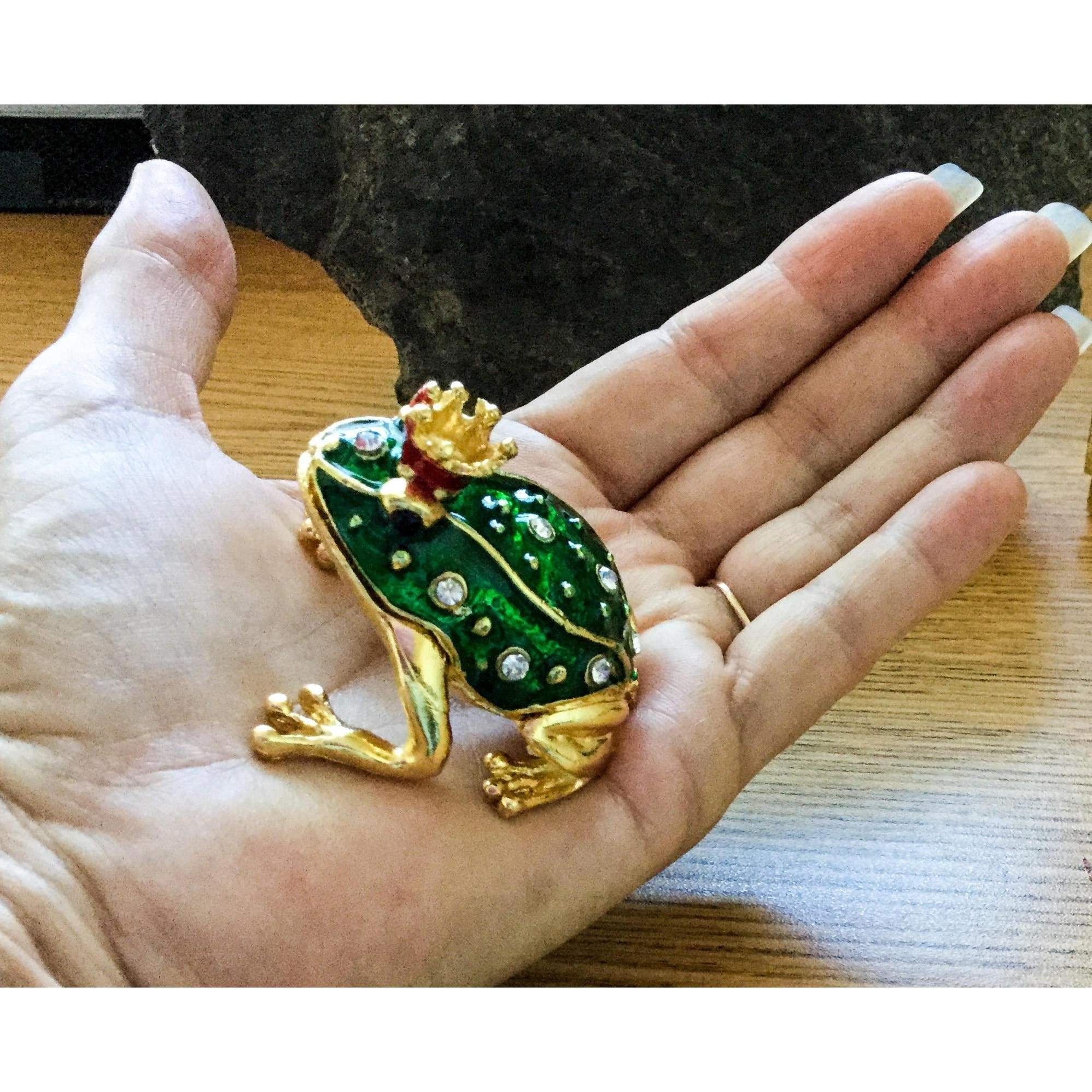 Frog Trinket Jewelry Box, enameled Green Frog box,Frog Prince