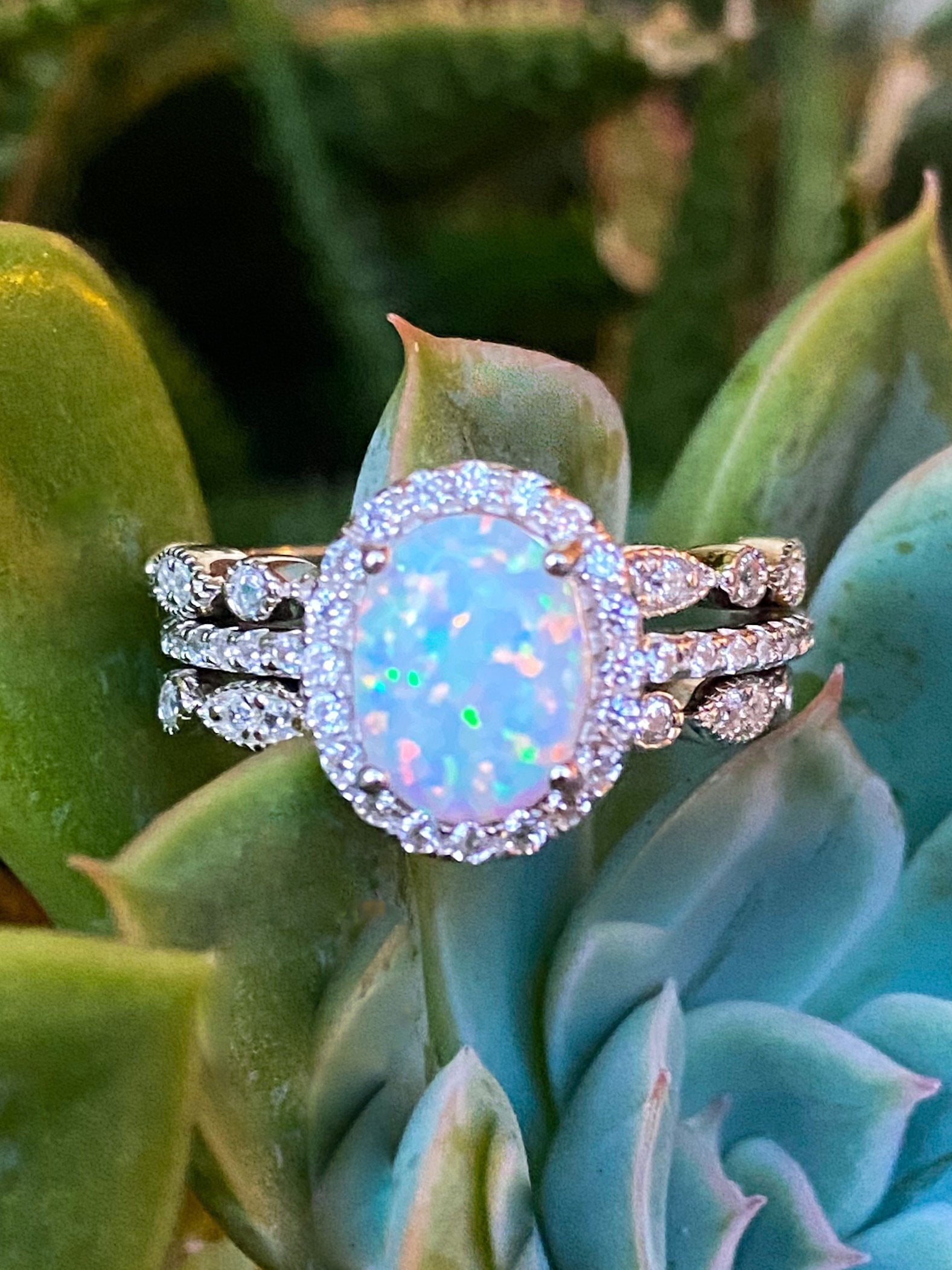 White Fire Opal Engagement Ring - Three Ring Wedding Set