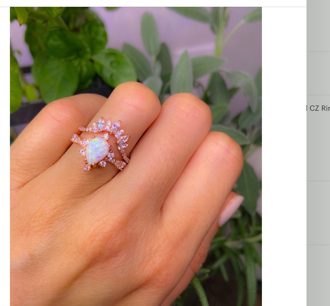 Rose gold opal ring set, Pear shape engagement ring, white fire