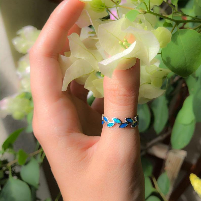 Tree Leaf Blue Fire Opal Wrap Ring | Silver Filled Bypass Ring | Sizes 7, 8, 9