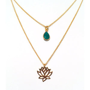 Gold Lotus Charm Necklace with Green Agate Gemstone