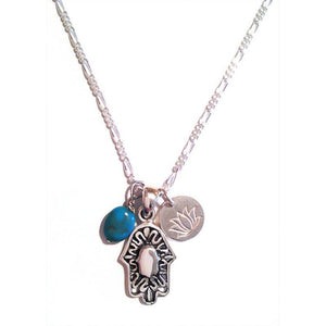 Silver Hamsa Necklace, Lotus Flower and Turquoise, Hand Of God6,Necklace