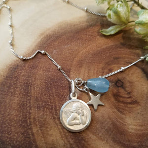 Silver Angel Necklace with Aquamarine & Star