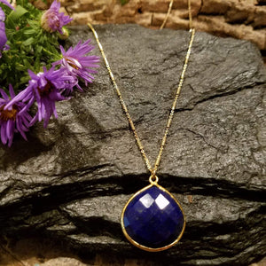 Lapis Lazuli Gemstone Necklace, Bezeled lapis teardrop