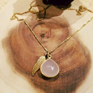 Rose Quartz Necklace-Gold Feather necklace,Teardrop Necklace