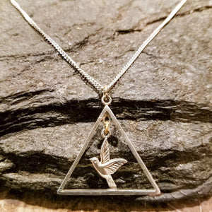 Triangle Necklace with Bird Charm-Silver Bird Necklace-Sterling Silver Triangle