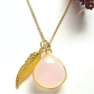 Rose Quartz Necklace-Gold Feather necklace,Teardrop Necklace