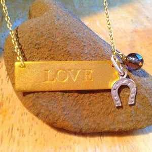 Gold Love Plaque Necklace with Lucky Horseshoe