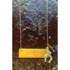 Gold Love Plaque Necklace with Lucky Horseshoe