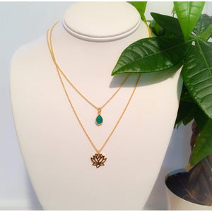 Gold Lotus Charm Necklace with Green Agate Gemstone
