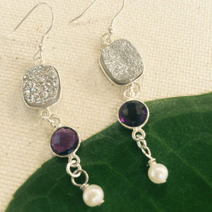 Druzy Earrings with Amethyst And Pearl