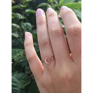 Moon & Star Ring-Rose Gold with CZ's