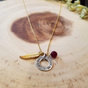 Circle Necklace , Feather Necklace ,Silver Disc Necklace,Garnet jewelry