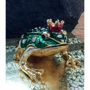 Frog Trinket Jewelry Box, enameled Green Frog box,Frog Prince