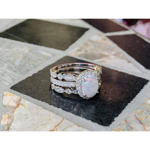 White Fire Opal Engagement Ring - Three Ring Wedding Set