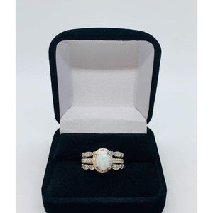 White Fire Opal Engagement Ring - Three Ring Wedding Set